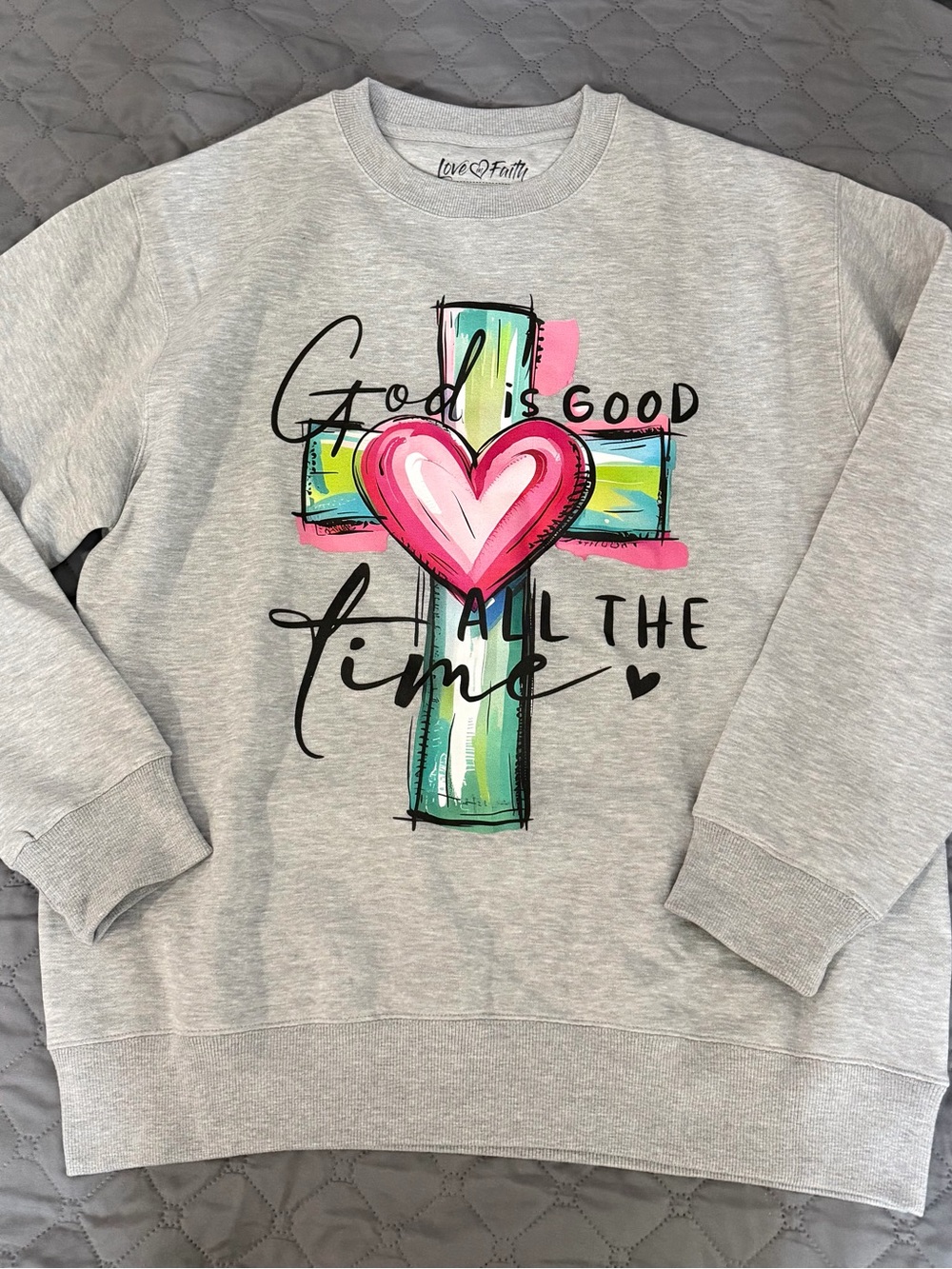 Gray Crewneck Sweatshirt with Pink Heart & Teal Cross